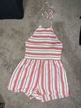 BeBop Coral and White Striped Halter Romper with Tie Neck